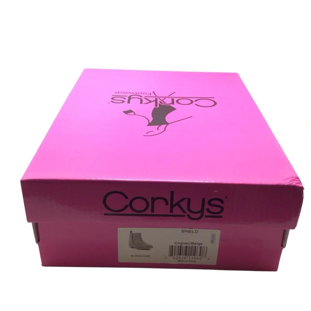 Corkys Girls Shield Bootie Cognac/Beige Faux Leather 1” Heel NIB